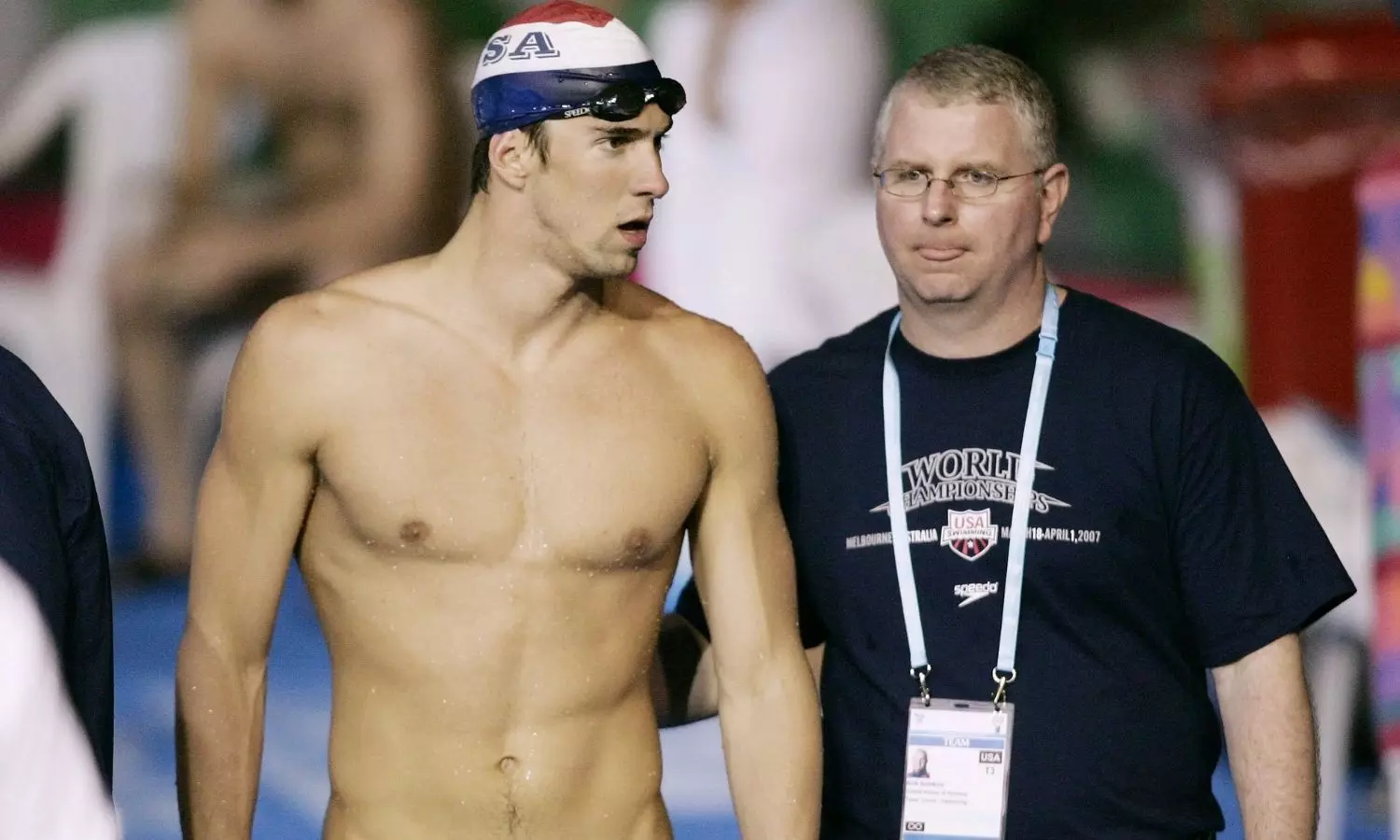 Michael Phelps and coach Bob Bowman during early swimming lessons