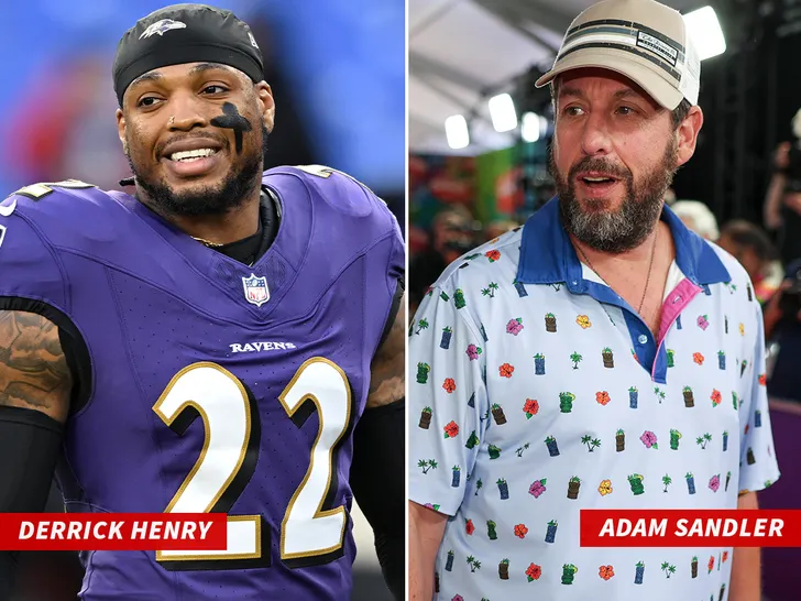 Derrick Henry laughs on the sidelines after learning about Adam Sandler’s promise to cast him in a movie if he rushes for 2,000 yards in 2025