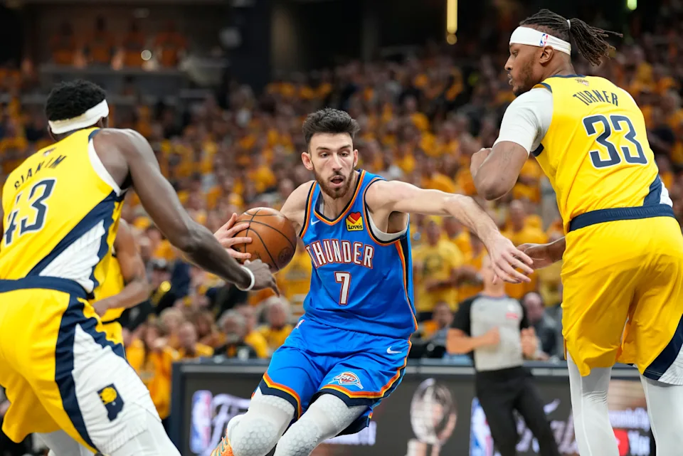 The Thunder regroup during a timeout as the Pacers Thunder Game 4 shocking outcome prediction puts pressure on OKC
