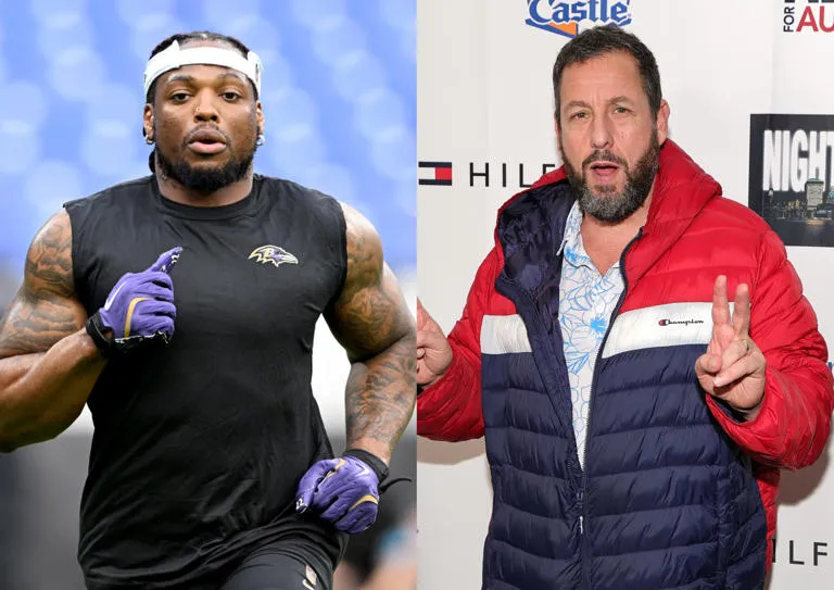 Derrick Henry of the Baltimore Ravens during practice after receiving a video from Adam Sandler, fueling rumors about a potential Derrick Henry movie.