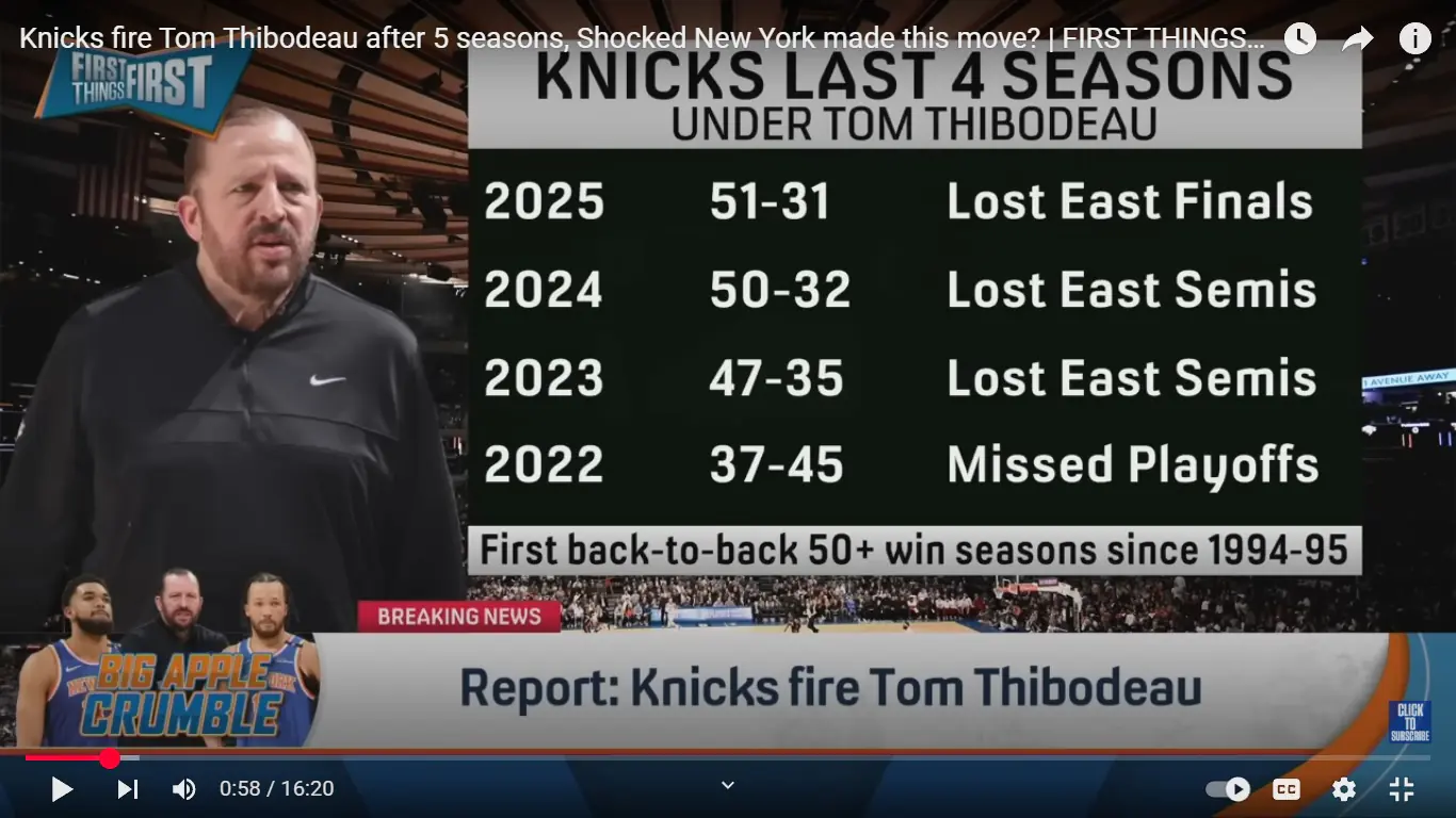 Tom Thibodeau fired by the New York Knicks after loss against Indiana Pacers in Game 6 of Eastern Conference Finals