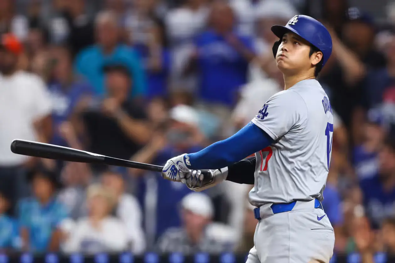 Shohei Ohtani holds his bat in the batter’s box during the Dodgers beat the Giants 11 to 5 full game summary